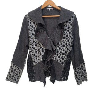 Ruffled Patchwork Animal Print Lace Black & Gray Cardigan Sweater Size XL